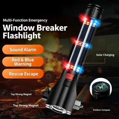 Car Escape Safety Hammer Flashlight, Solar Charging Break Window Emergency Torch with Sound Alarm for Fire Rescue