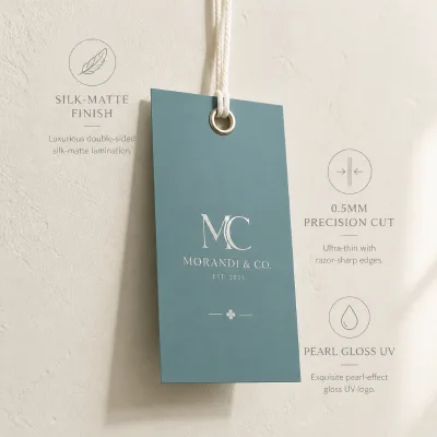 Sophisticated 700GSM Paper Obsidian Black Smooth Tags Deep Mirror Silver Foil Reinforced Gun-Metal Eyelet Heart Luxury Tailoring