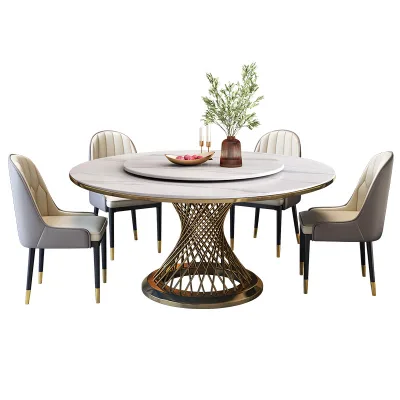 Luxury Modern Stone Dining Table and Chair Set with Round Table and Circular Turntable for Home & Hotel Dining Rooms