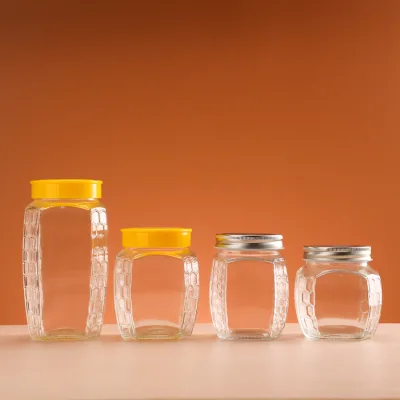 380ml 500ml 730ml Honeycomb Embossed Glass Honey Jar Empty Food Storage Container for Honey Jam Gift Packaging