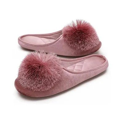 Women's Portable Indoor Bedroom Slippers with Fluffy Pom-pom Sexy Soft House Shoes with TPR Sole Ballet Style Slippers
