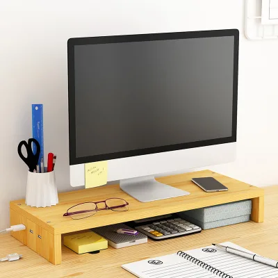 2 Tiers White Color Wooden Panel Monitor Stand Office Desktop Monitor Stand Computer with USB