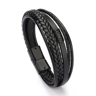 Trendy Fashion Jewelry Handmade Vintage Braided Punk Men's Magnetic Clasp Black Brown Leather Bracelet