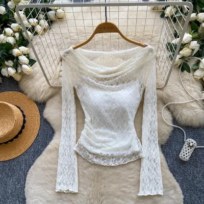 Women's off Shoulder Cowl Neck Ruched Long Sleeve Lace Top Slim Fit Elegant Spring Fall Casual Wear
