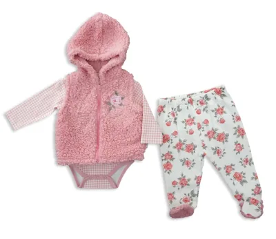 Winter Baby Girl Go Out Clothes Long Sleeve Bodysuit Baby Warm Long Pants With Feet Sleeveless Jacket With Zipper  With Hood