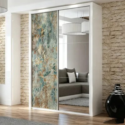 Top Selling Elegant Melamine 2 Sliding Door Wardrobe Colorful Stone Vein & Mirror Panel for Hotel Project