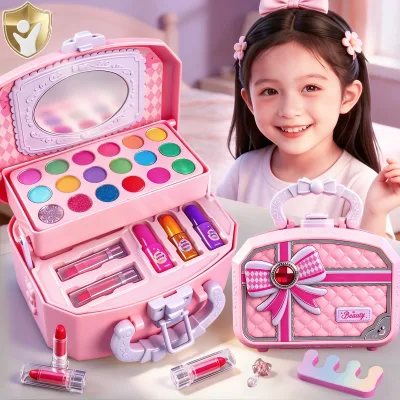 Pretend Play Makeup Toys for Girls, Kids Cosmetic Gift Box & Makeup Bag Set, Birthday Gift for Girls