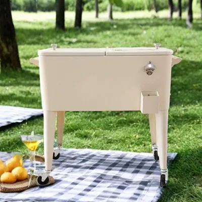 Factory Price Wholesale Outdoor Retro Metal Trolley Cooler Box Large 75L Portable Picnic Freezer Beer Cooler Box