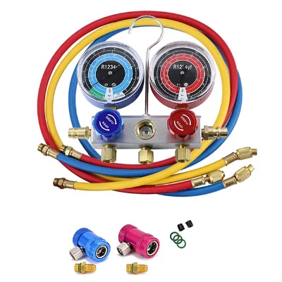 R1234YF Industrial Grade Car Air Conditioning Manifold Gauge Set with Quick Adapter HVAC Pressure Sight Glass Diagnostic Tools