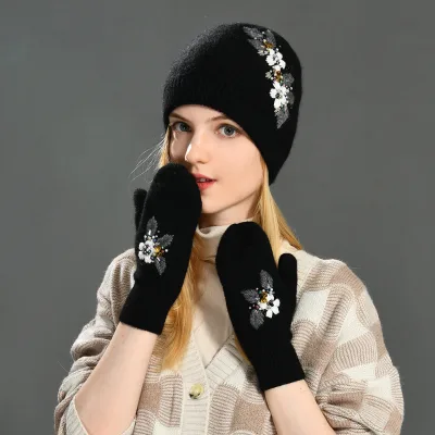 High Quality 2 Pc Winter Hat Set Warm Fingerless Gloves Wholesale Thick Embroidered Women Knit Beanie and Gloves