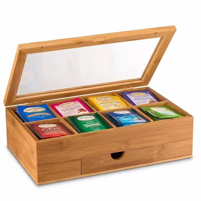 Custom Bamboo Tea Bag Organizer Tea Organizer Wooden Tea Box with 8 Compartments Acrylic Window and Magnetic Lid