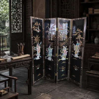 Chinese Art Antique Black Lacquer Folding Screen Mother-of-Pearl Room Divider