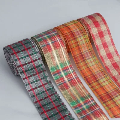 Cross-border Scottish-style Glittery Linen-look Gold-stamped Ribbon Plaid Fishing-line Trim Perfect Christmas Halloween Party