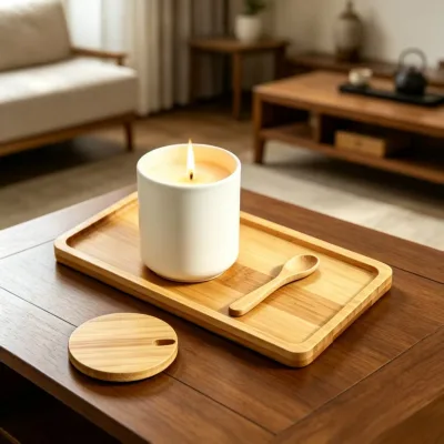 Factory Direct Japandi Style Ceramic Candle Container Set Empty White Jar Vessels with Bamboo Lid Tray Spoon for Bulk Wholesale