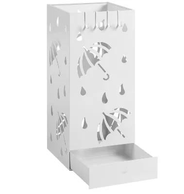 Modern Square Metal Freestanding Indoor Umbrella Holder One-Sided Capacity Removable Water Collection Tray 4 Hooks Umbrella