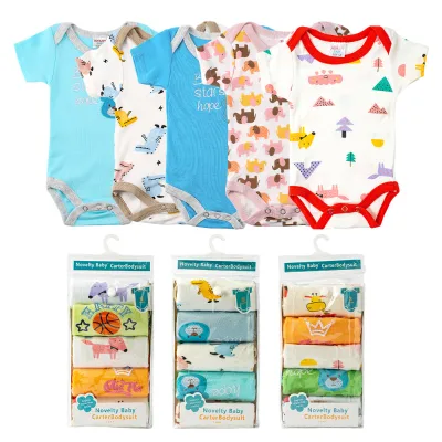 Candy-Colored Kidsren's Five-Piece Triangle Bag Fart Clothes Cartoon Printed Pure Cotton Newborn Baby Romper Suit Gift Box