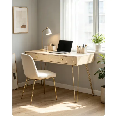 Modern Geometric Inlay Desk, 2 Drawer Writing Table with Gold Metal Hairpin Legs