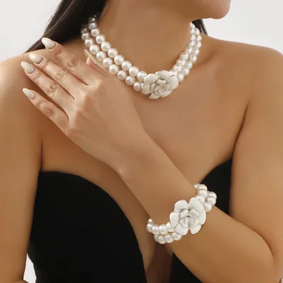 French pearl necklace bracelet set elegant drop oil glazed camellia flower pendant double-layer pearls choker jewelry set