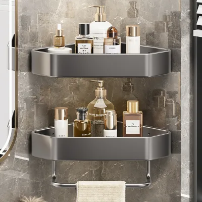 Modern Design Bathroom Shelf Organizer Black Gray Carbon Steel Corner Shelf with Shampoo Storage Shower Caddy Two Hooks Basket