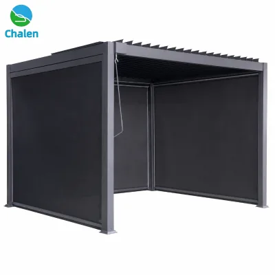 Aluminum Alloy Louvered Pergola with Sun Shade Curtain, Waterproof & UV Resistant Fabric Canopy, All-Aluminum Frame