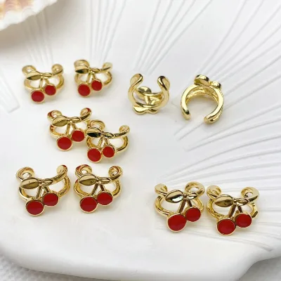 Trendy Enamel Red Cherry Design Pave Zircon Gold Plated Cuff Earring Ear Clip Copper Brass Jewelry for Women