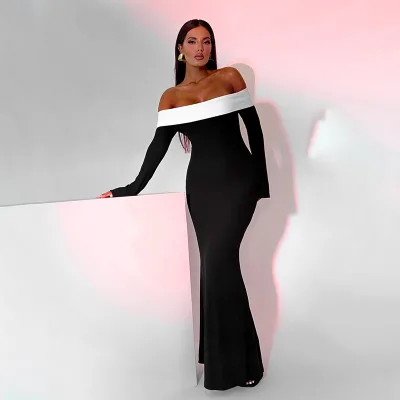 Sexy Black Solid Autumn Floor-Length Off-the-Shoulder England Style Backless Bodycon Long Sleeve Party Formal Prom Evening