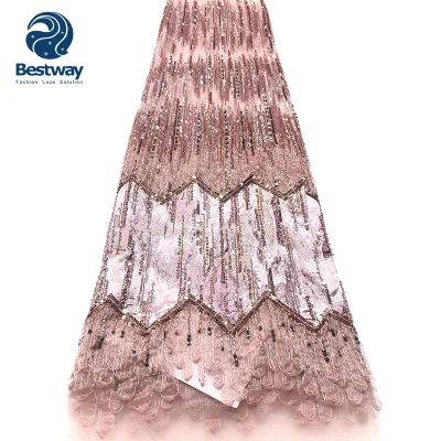 High Quality African Net Tulle Fabric Vertical Stripe Wavy Design Hand Beaded Sequins Fringe Tassel Luxury Evening Gown Material