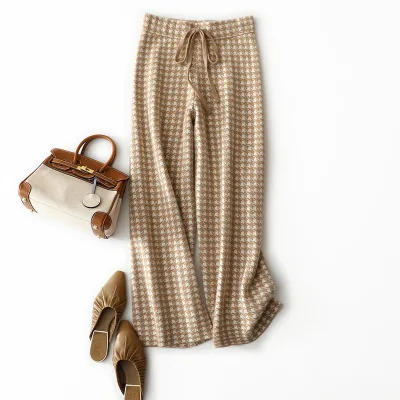 Women New Fashion Thick Plaid Cashmere Knit Lounge Pants With Drawstring