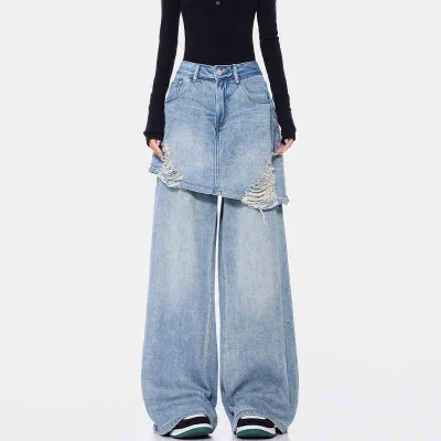 2026 Deconstructed Layered Denim Skirt Overlay Baggy Wide Leg Pants Distressed Y2K Streetwear Vintage Washed Custom Jeans