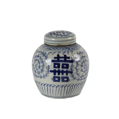 RYLU55-A 6.3 Inch Double Happiness Letter  Blue and White Small Jar