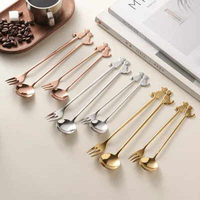 Rose Gold Gold Silver Cat Shape 304 Stainless Steel Long Handle Reusable Dinnerware Sets for Coffee Dessert