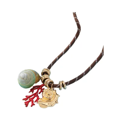 Women's Summer Beach Style Coral Necklace Trendy Bohemia Beaded Cord with Sea Conch Shell Pendant for Vacation or Buddhism