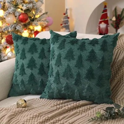 Christmas Pillow Covers Green Christmas Tree Pillow Covers Decorations Plush Faux Fur Soft Cushion Case Christmas Decorations