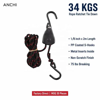 Wholesale 1/8" 2m Rope Ratchet Tie Down 34kgs Non-Scratch PP Coated S Hooks Metal Inserts for Outdoor Tent Grow Tent