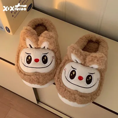 XIXITIAO New Fluffy Indoor Winter Slides Adult Warm Soft Breathable Anti-Slip EVA Sole Fur Plush Cartoon Labubu Trend RTS