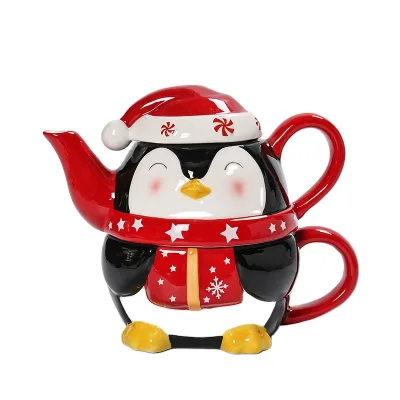 Christmas Penguin Teapot and Saucer Set, Christmas Teapot, Tea Cup with Saucer Set Handmade