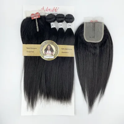 Natural Human Hair Mix Animal and Synthetic Hair Full Pack Solution,Human Hair Blend Yaki Straight 3+1 With T Part Lace Closure