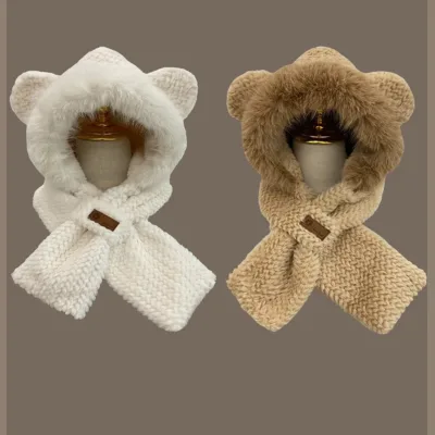 2025 New Winter Fox Ears Plush Hat Women's Scarf One Warm Plus Velvet Thick Bib Cold Two-piece Set Trendy Casual Beanie Hat