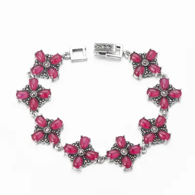 BOCAI S925 Sterling Silver Bracelets and Ear Studs for Women Retro Flower Inlaid Ruby Fashionable Fine Silver Jewelry Wholesale