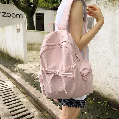 Japanese-style Sweet Bow Lightweight Nylon Summer Women's Fresh Chic School Backpack Instagram Niche Feminine Preppy Style