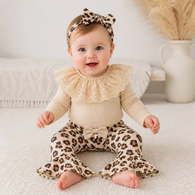 Custom Toddler Baby Girl Clothing Set Lace Ruffle Romper Long Sleeve Baby Bodysuit Floral Bell Bottom Flare Pants with Headband