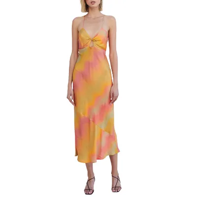 OEM Women Elegant Dress Tie Dye Print Sundown 100% Satin Silk Spaghetti Strap Bodycon Sexy Party Midi Maxi Dress