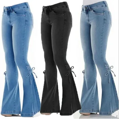 XS-4XL Size European American Women's Mid Rise Flare Jeans Stretch Denim Long Pants with Drawstring Waist
