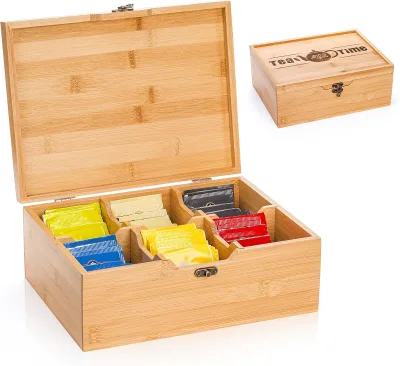 Multi-purpose Custom Bamboo Wood Tea Bag Box with Lid 6 Compartments Coffee Condiment Holder Storage Caddy Tea Organizer Box