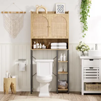 Adjustable Wood Toilet Storage Cabinet with Natural Door Metal Stand Tall Modern Bathroom Furniture for Apartment & Hotel Use