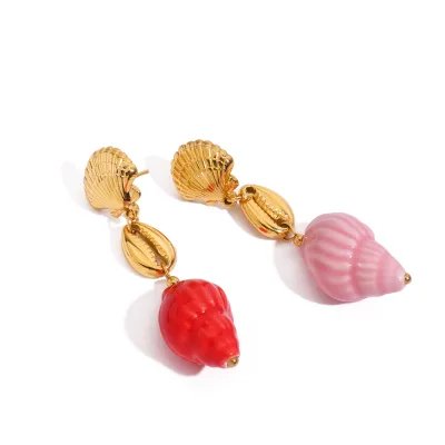 J&D Ocean Resort Style 18K Gold Stainless Steel Ceramic Shell Pink Ceramic Conch Drop Earrings