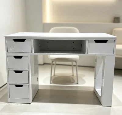 Luxury White Gloss Wood Frame Nail Salon Table Multi-Drawer Storage Cabinet Cable Management Eco-Friendly Manicure/Pedicure Work