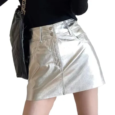Silver and Gold Color Genuine Leather Skirt High Quality Mini Skirt for Women
