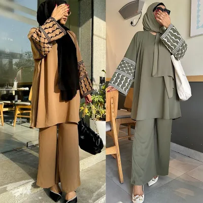 2024 Islamic Modest Dubai Abaya Palestine Kefiyyeh Jazz Crepe Women Muslim Casual Shirt Blouse and Pant Two Pieces Set
