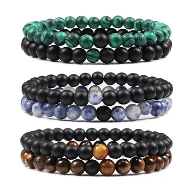 Couple's Set of Black & White Natural Lava Stone Tiger Eye Beaded Yoga Bracelets Elastic Rope Jewelry Perfect Gift for Men Women